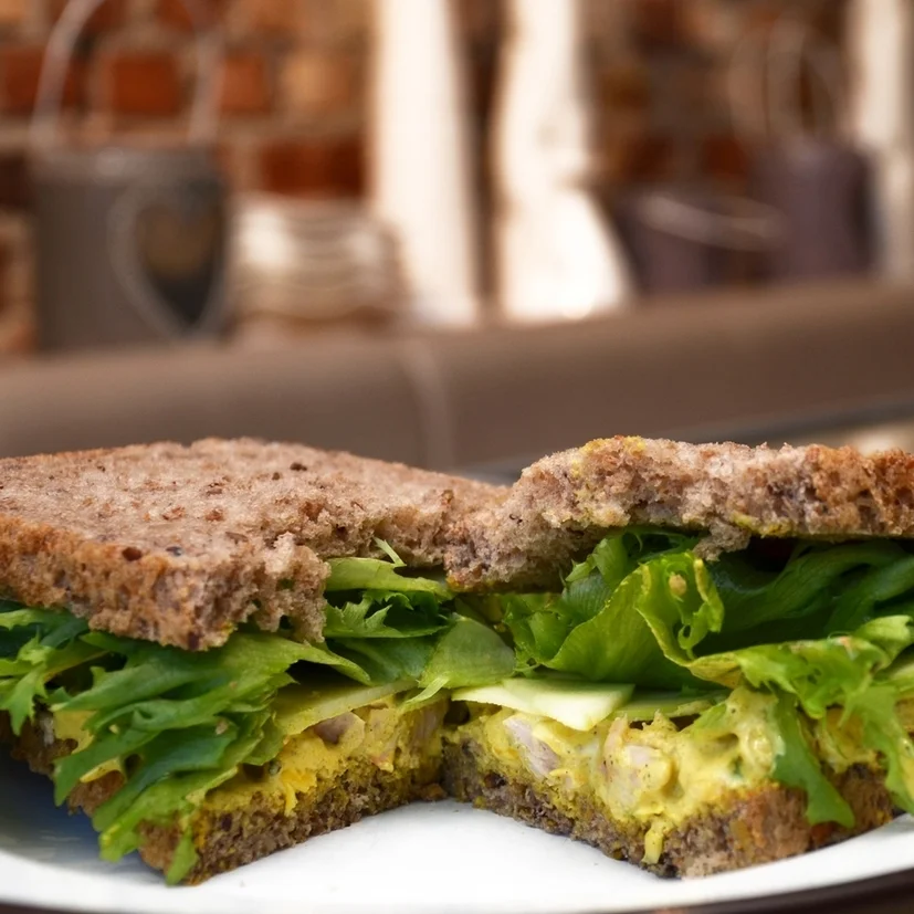 KARRIKYLLING SANDWICH Lenas brød, karrikylling (kylling, mais, majones, rømme, salt, sitronpepper, karri), salat, eple. 95,- (ta med 87,-) 1/2 sandwich 65,- (ta med 59,-)