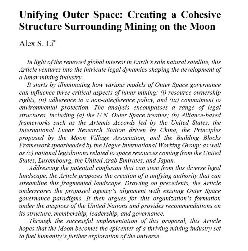 Unifying Outer Space: Creating a Cohesive Structure Surrounding Mining on the Moon