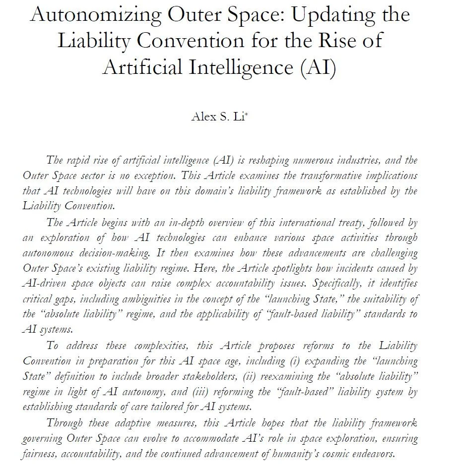 Autonomizing Outer Space: Updating the Liability Convention for the Rise of Artificial Intelligence (AI)