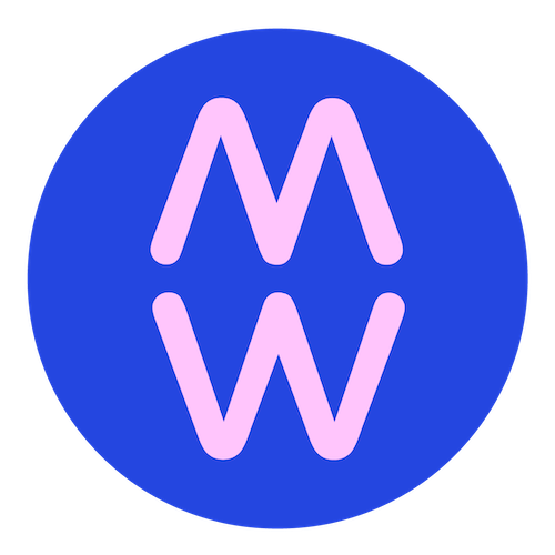 Logo of Maya de Wit: blue circle with a pink M in the upper half and a pink W in the lower half