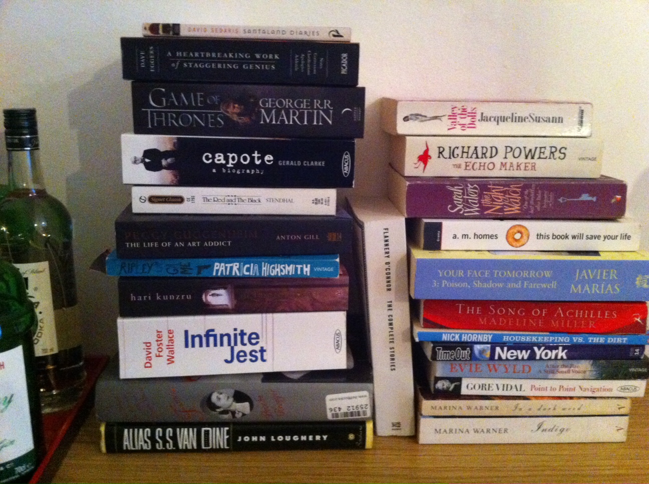 I've read most of the books on the right side. The left side has books which are quite big and that I don't think I'll get to anytime soon. Sedaris is a duplicate.