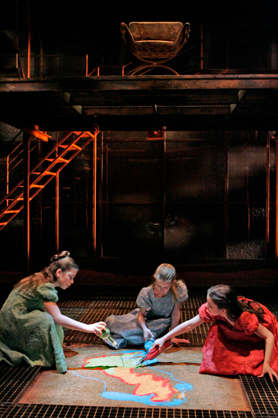 Still from a 2007 production of King Lear directed by James Lapine at the Public Theater in NYC where three little girls portrayed early versions Lear's daughters. A version of this production is fictionalized in Station Eleven. Photo by Michal Daniel.