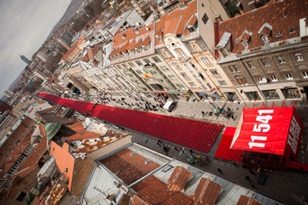 A memorial event of the Siege of Sarajevo's 20th anniversary. 11,541 empty chairs symbolized 11,541 victims of the war which were killed during the Siege of Sarajevo