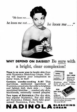 Ad from Ebony Magazine. Jefferson writes: You will never be the fair sex, but you strive to be an ever-fairer one."