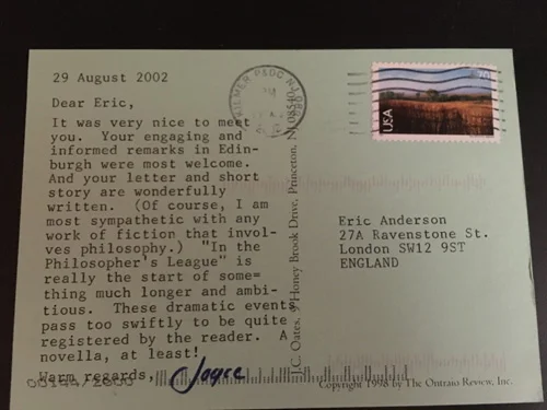 An early correspondence I had with Joyce Carol Oates