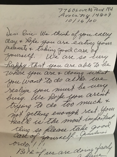 This was one of the last letters my grandmother wrote me. She believed the protein in peanuts was essential for good health. Reading this makes me cry.