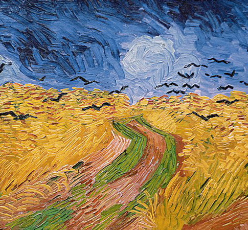 Frankie sees in Van Gogh's Wheatfield with Crows "An angry, churning sky, tall yellow stalks, a grass-green and mud-brown path cutting through the stalks, tapering into the distance; a line made by walking."