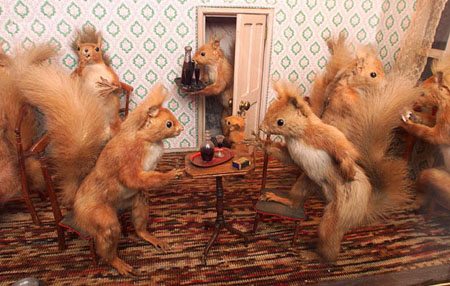 Mirka skilfully depicts intricate scenes of English life in anthropomorphic models using small mammals.