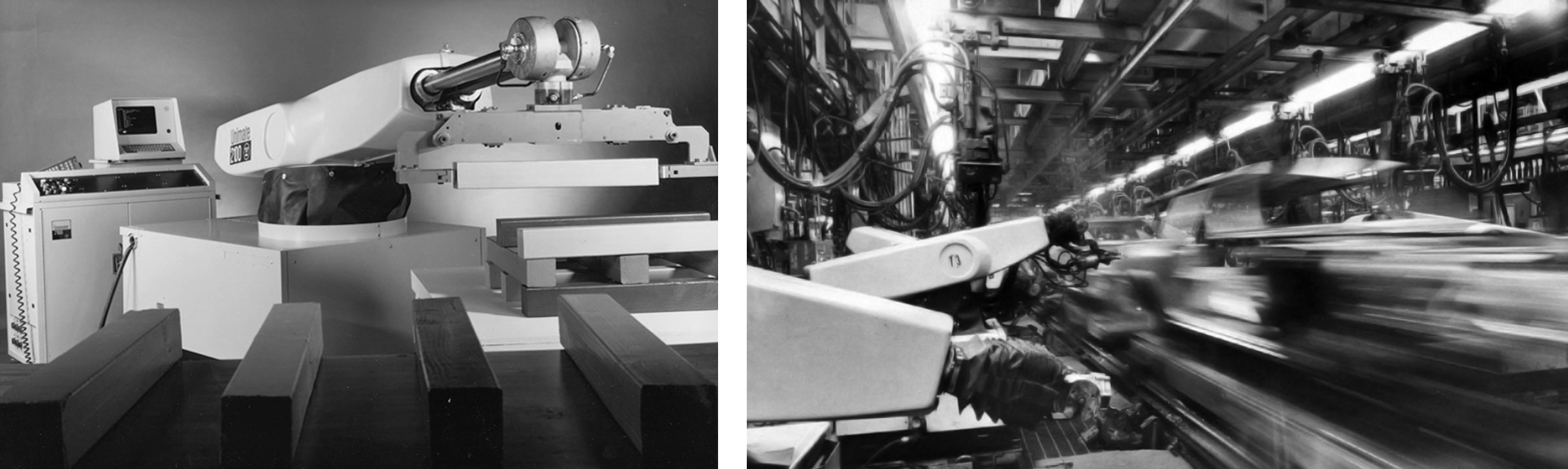 George Devol's UNIMATE : early generation arm in 1961 (left) and the robotic workforce on GM's assembly line in 1972 (right).