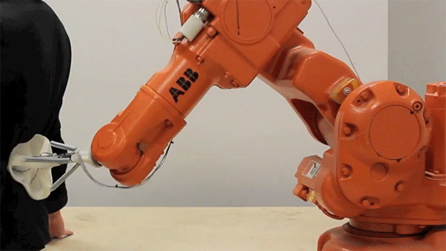 Robo•Masseuse adapts an ABB IRB140 into a back massager! We created a smart end-effector – embedded with pressure sensors – that lets a person lean into the robot to control a massage routine. A project from Madeline Gannon & Zack Jacobson-Weaver .
