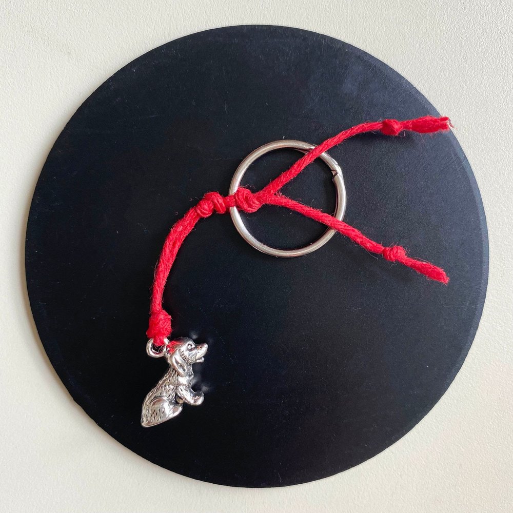 Silver dog harm on a red string hanging from a keychain