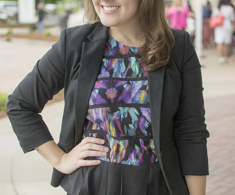Top, Artelier Nicole Miller ( similar but pricey ). Blazer, The Limited . Jeans, Hudson . Shoes, JustFab . Bag, Alexander Wang .