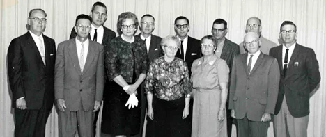 Bethany Home Original Board Members, 1963 - (l to r) John De Vries, John Vrieling, Dr. Harold De Jong, Jennie Holfman, Teeke Workman, Lena Spaman, Russell Douma, Orlinda Donker, Bert Van Dyken, John Vander Kraan, Charles Viss, and William Boersma