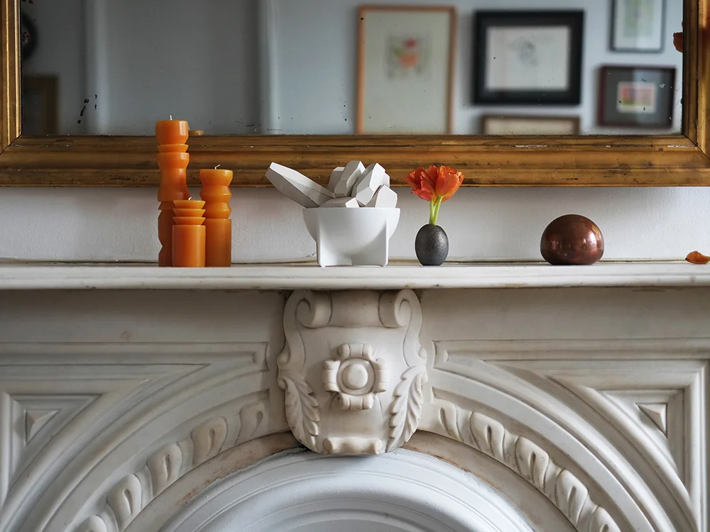 Small Standing Bowl in Alpine accessorized on a fireplace mantel