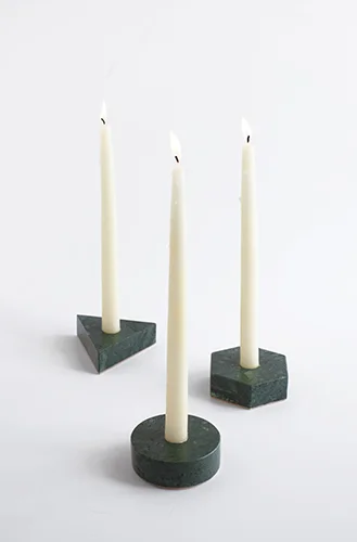 Green Marble Candle Holders in Circle, Triangle and Hexagon Shapes on White Background