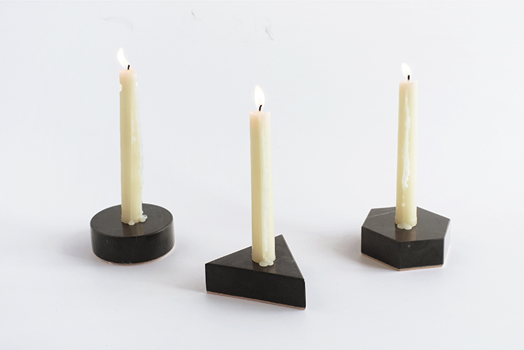 Black Marble Candle Holders in Circle, Triangle and Hexagon Shapes on White Background