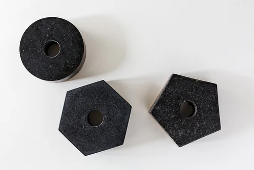 Black Marble Candle Holders in Circle, Triangle and Hexagon Shapes on White Background