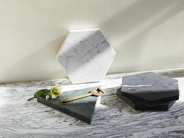 Green, White Carrara and Black Marble Hexagon Trivets Accessorized in the sunshine