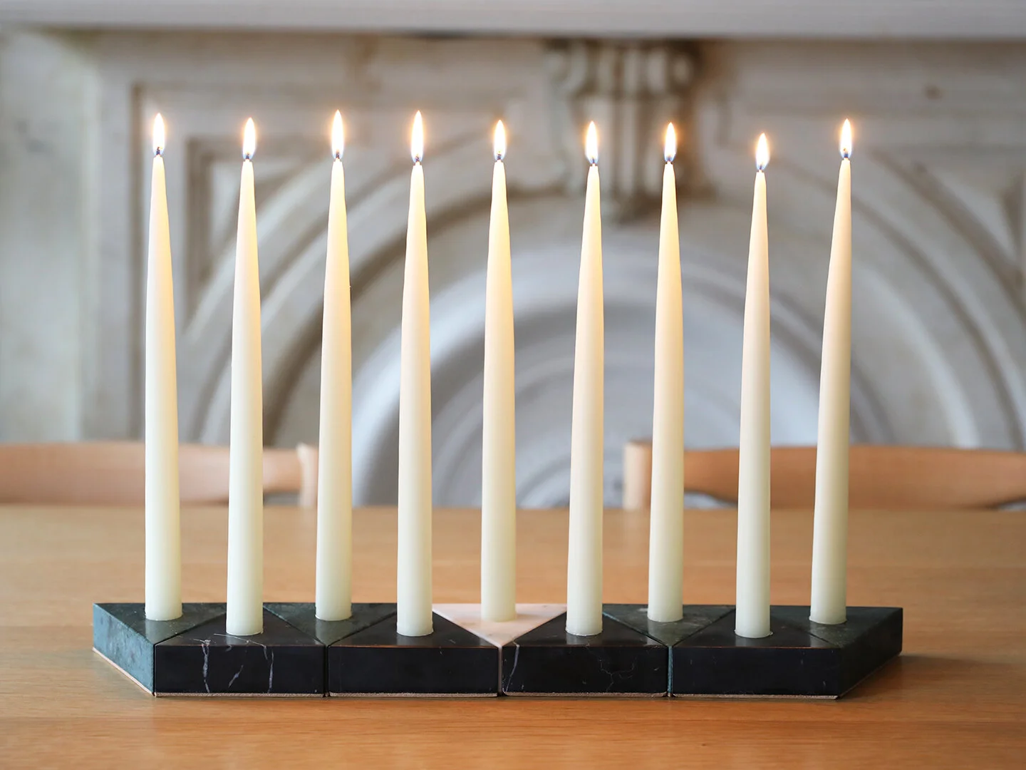 Triangle Stone Candle Holders assembled as Hanukkah menorah