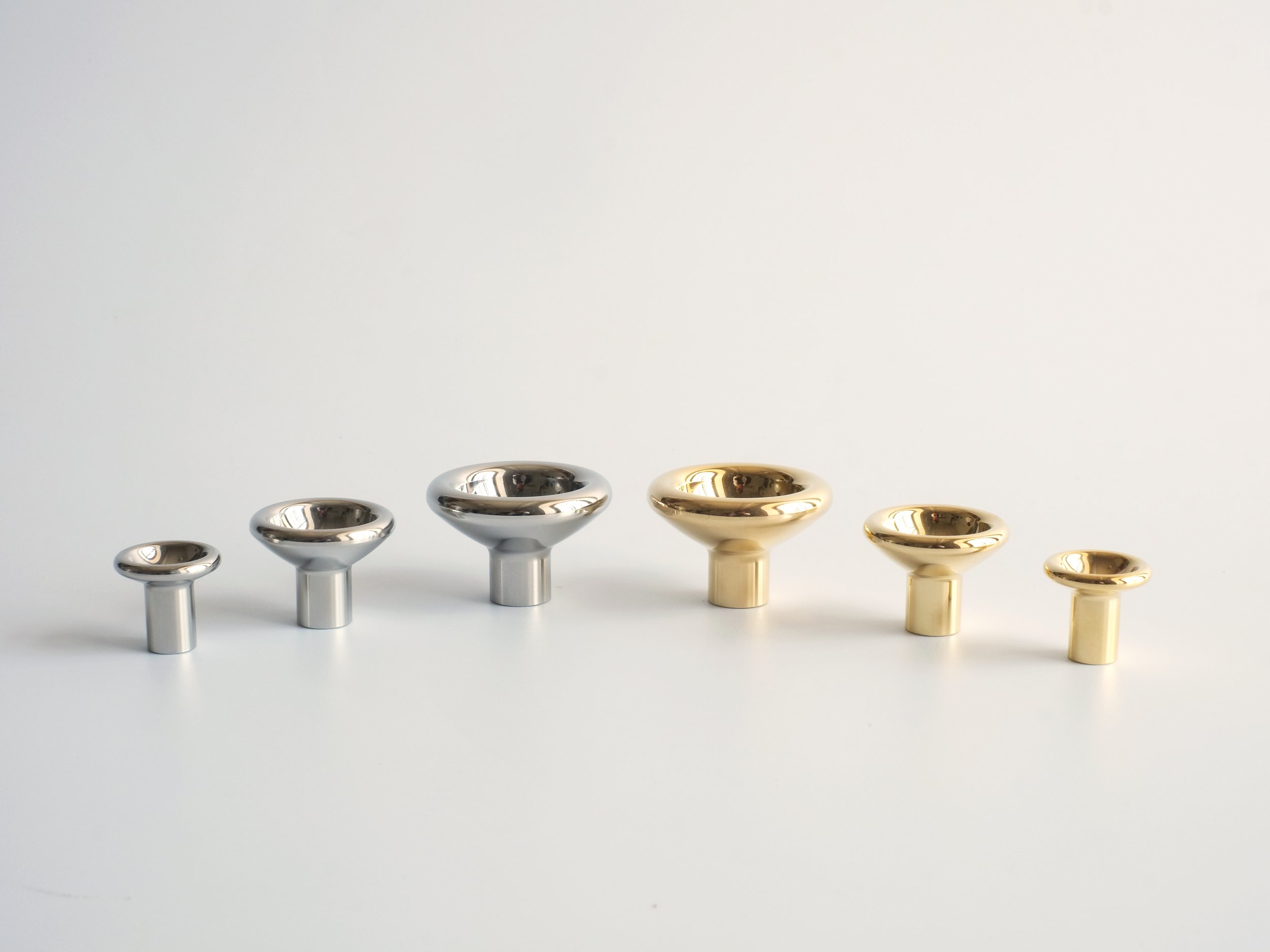 Concave Knobs in Polished Brass in Three Sizes: Large, Medium, Small