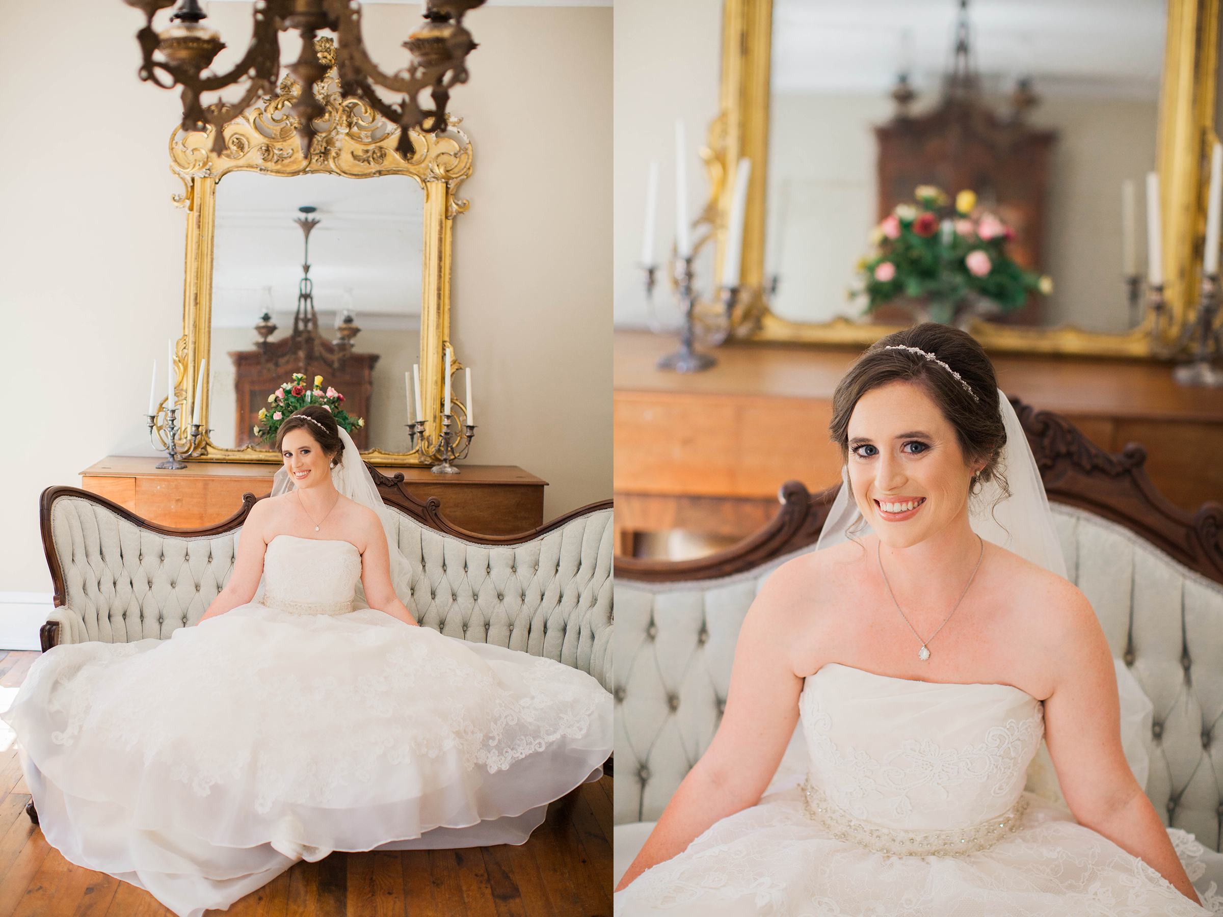 Beautiful bride smiling in wedding gown at Cokesbury College