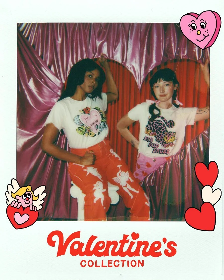 💐&hearts;️ Worked on some illustrations and type design, in collaboration with @laceymicallef for the @bigbudpress Valentine&rsquo;s collection! 
(I did not design the heart or Cupid pants/bag, just the border illustrations)
Beautiful photos by the 
