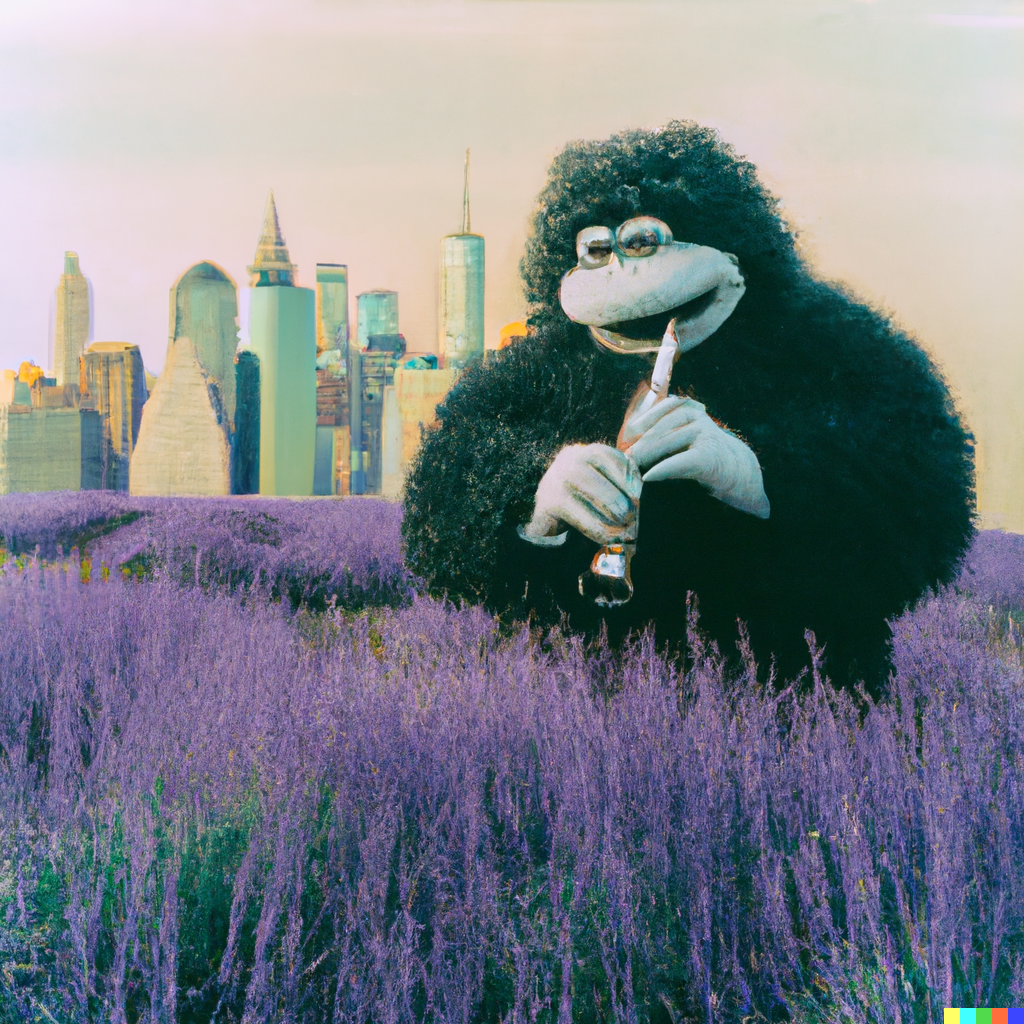 DALL·E 2022-11-14 11.04.09 - grainy film, vintage sesame street, a gorilla playing a black clarinet in a lavender field with the Manhattan skyline in the distance.png