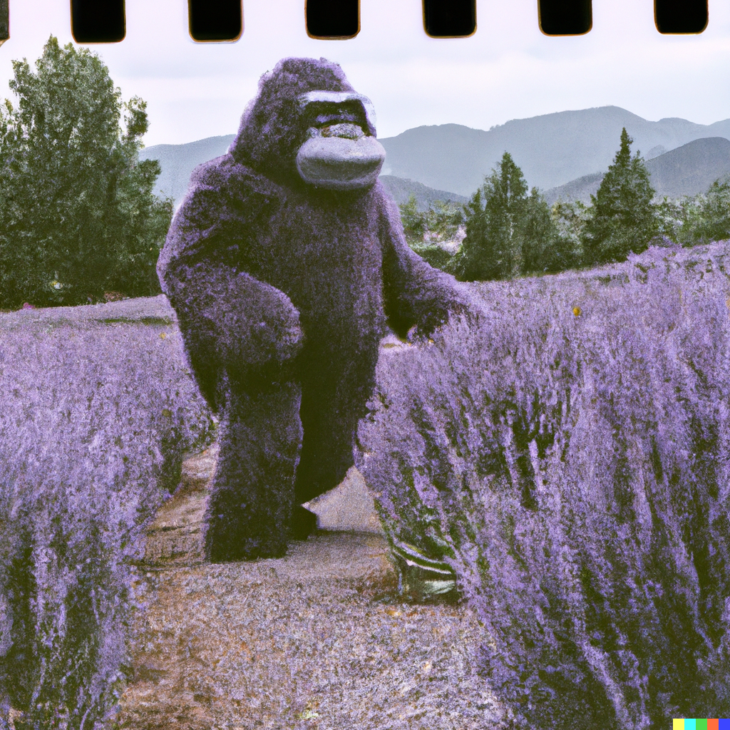 DALL·E 2022-11-14 11.04.19 - grainy film, analog, vintage sesame street, a gorilla walking through a lavender field.png