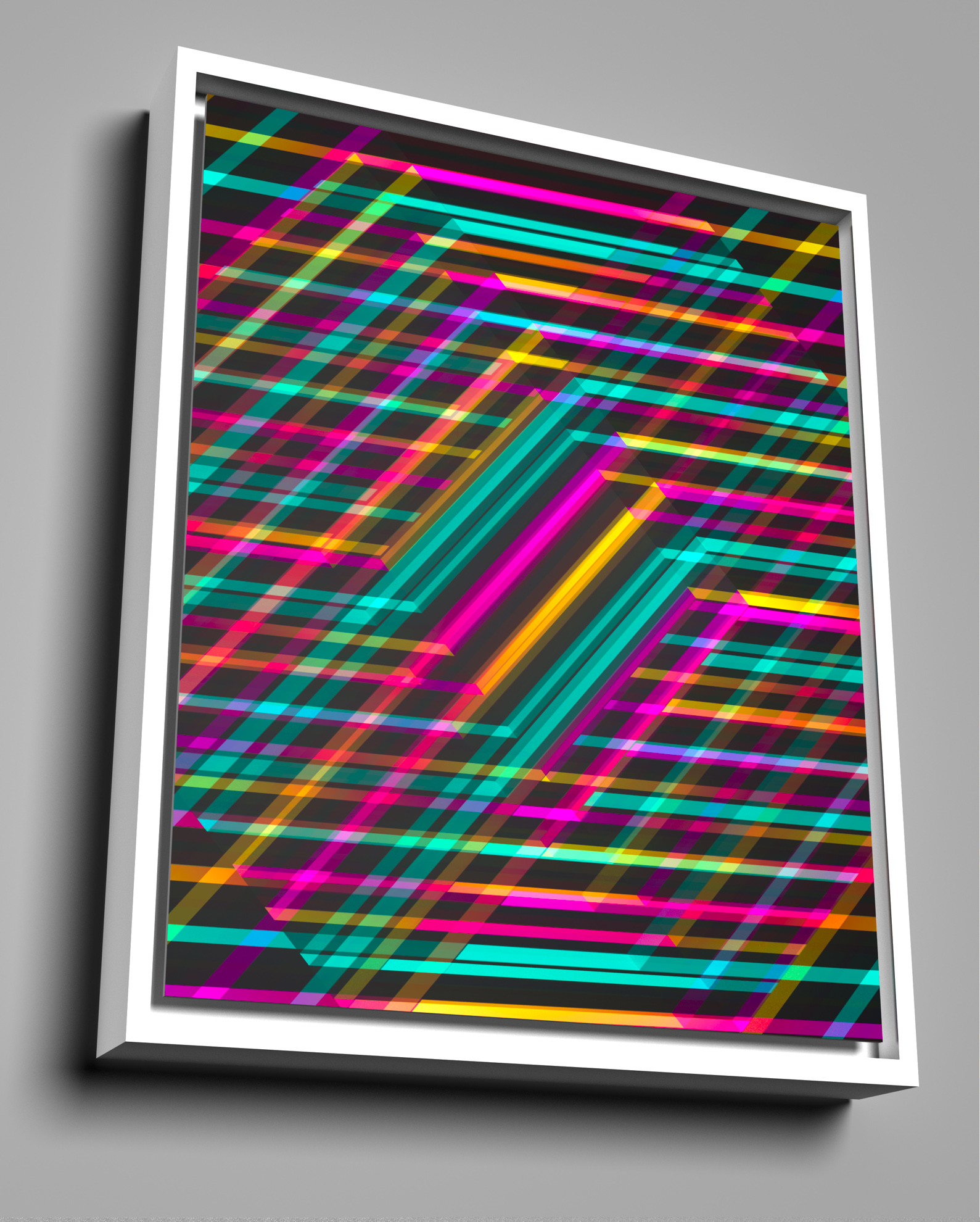 Title: Overlapped: Striped Translucent Cubes Size : 24“x 30” x 2”D: Edition of 10 Paper: Archival Inkjet Print: Metallic Glossy Paper Mounting: 1/8” Non-glare plexi mounted in wood float frame Available at CONSORT