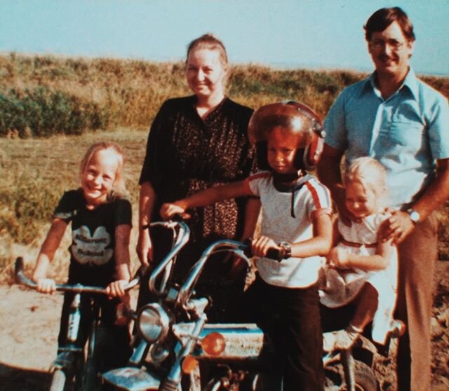 The first time I was on a motorcycle, we were visiting a relative&rsquo;s farm. It was pretty much jump on and learn by trial and error. Not long after this photo was taken, I ran (at a fairly low speed) into the side of the barn. &bull;&bull;Since t