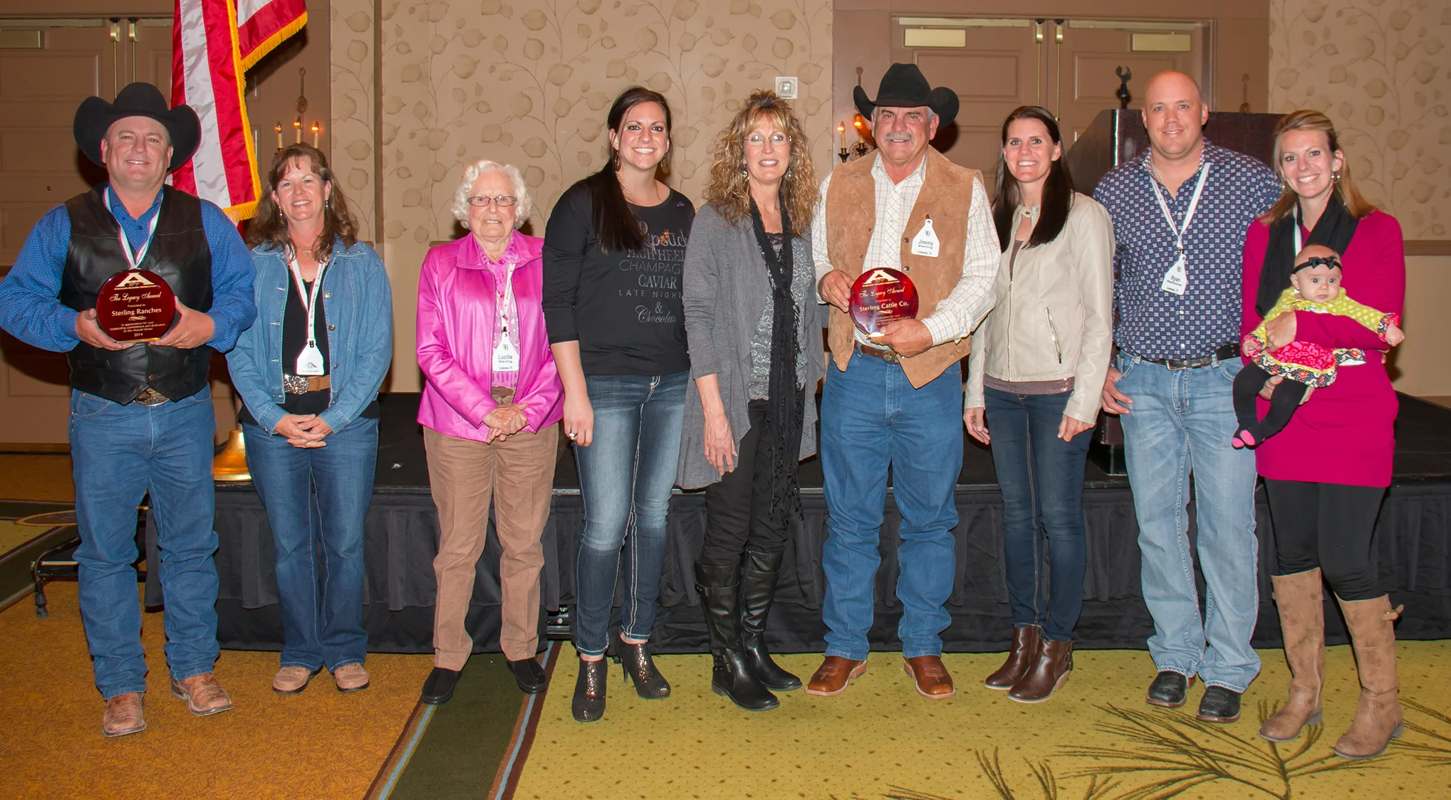 The 2014 american akaushi association Legacy award winners, Sterling Ranches, Sterling Cattle Company. L to R; Bret and Laura Sterling, Lucille Sterling, Lacy Sterling, Theresa and Jimmy Sterling, Tara Sterling Renfro, Ryan and Karen Sterling Rechichar, Bay Rechichar