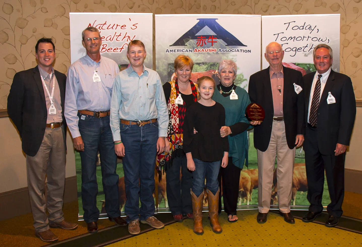Selected as the 2013 american akaushi association "Legacy Award" recipients were the austin Brown family of beeville, texas. L to r; Jordan Beeman, President of Heartbrand beef, Austin III, Cuatro, Jody, addie, Nana, Austin and Ronald Beeman.