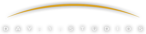 Logo of DAY Studios with black background and yellow and black curved lines above the text.
