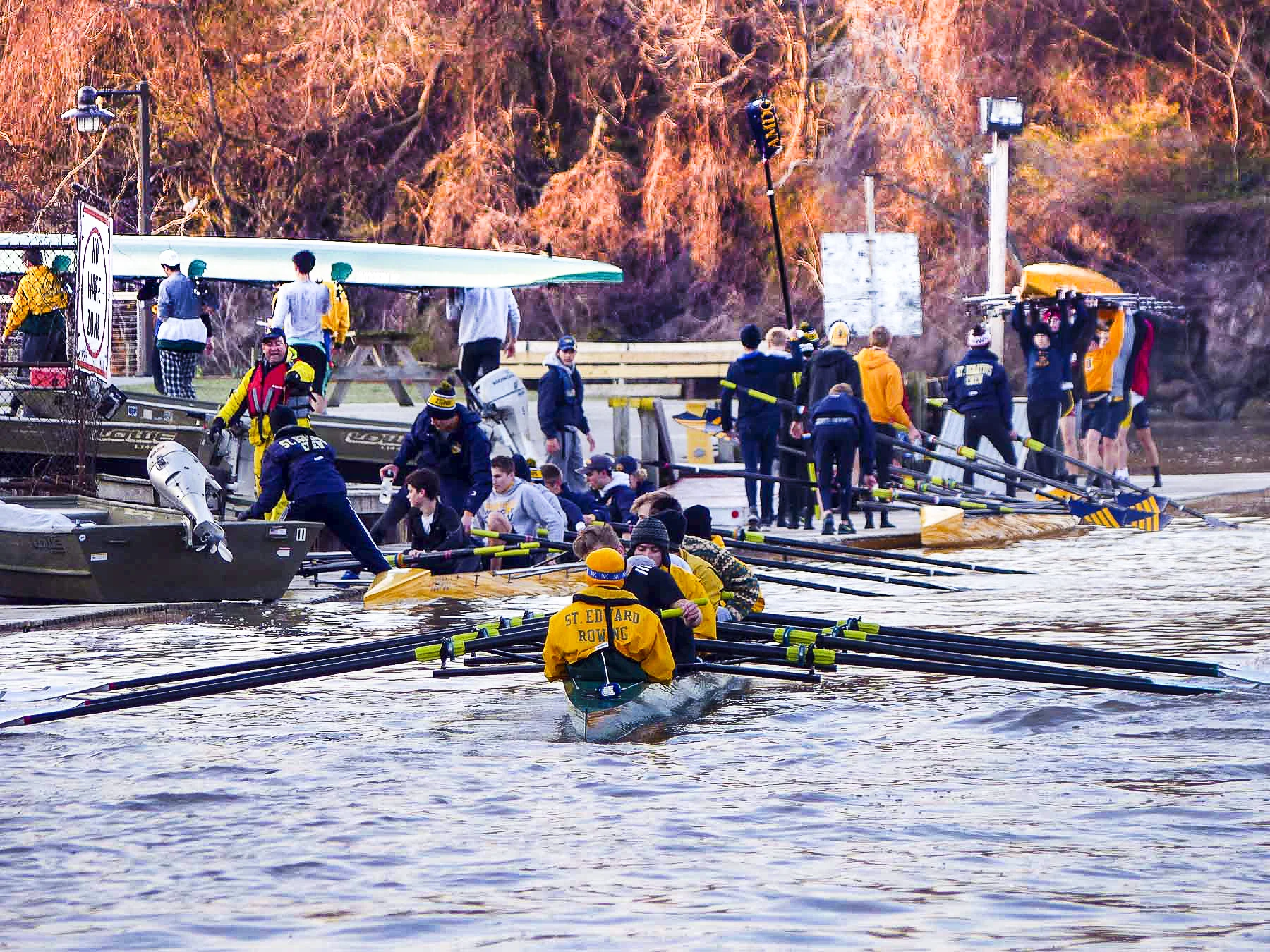 the rowing shells hurry to make way for...