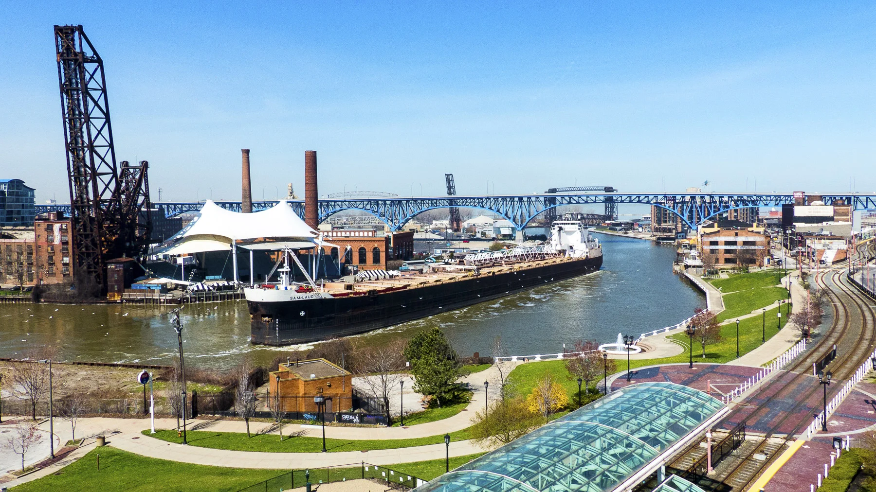The Sam Laud making it's way through the Cuyahoga River Flats to make an iron ore delivery to ArcelorMittal Steel.