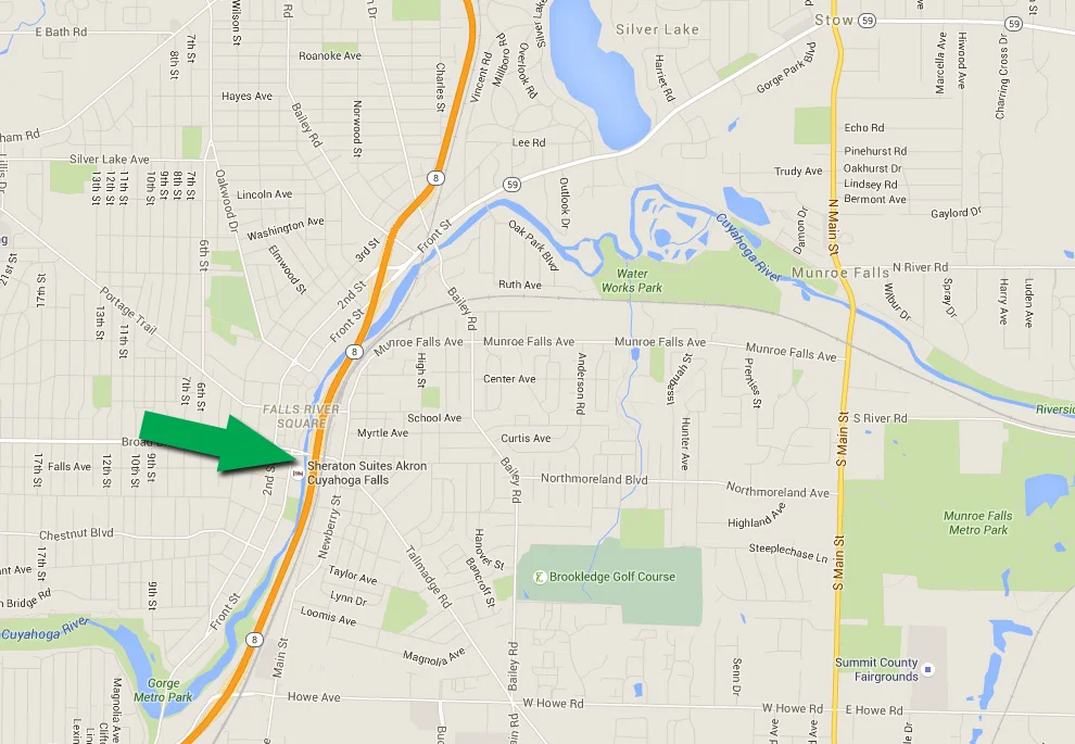 Location of Cuyahoga Falls near southernmost course of the Cuyahoga River
