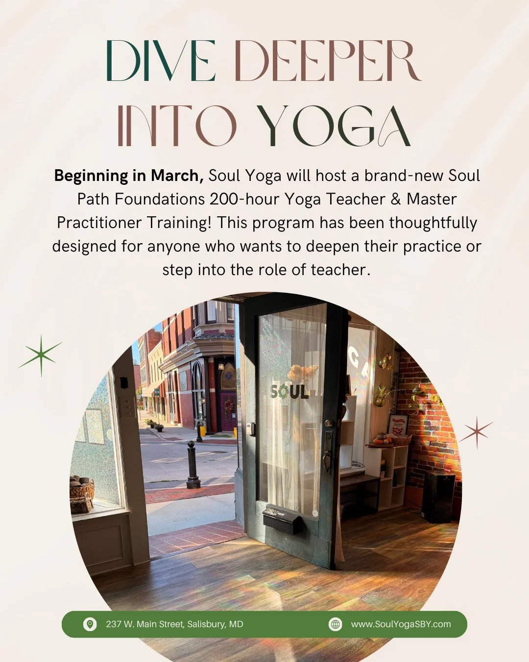 ✨ Big news ✨

Beginning in March, Soul Yoga will host a brand-new Soul Path Foundations 200-Hour Teacher &amp; Master Practitioner Training! This program has been thoughtfully designed for anyone who wants to deepen their practice or step into the ro