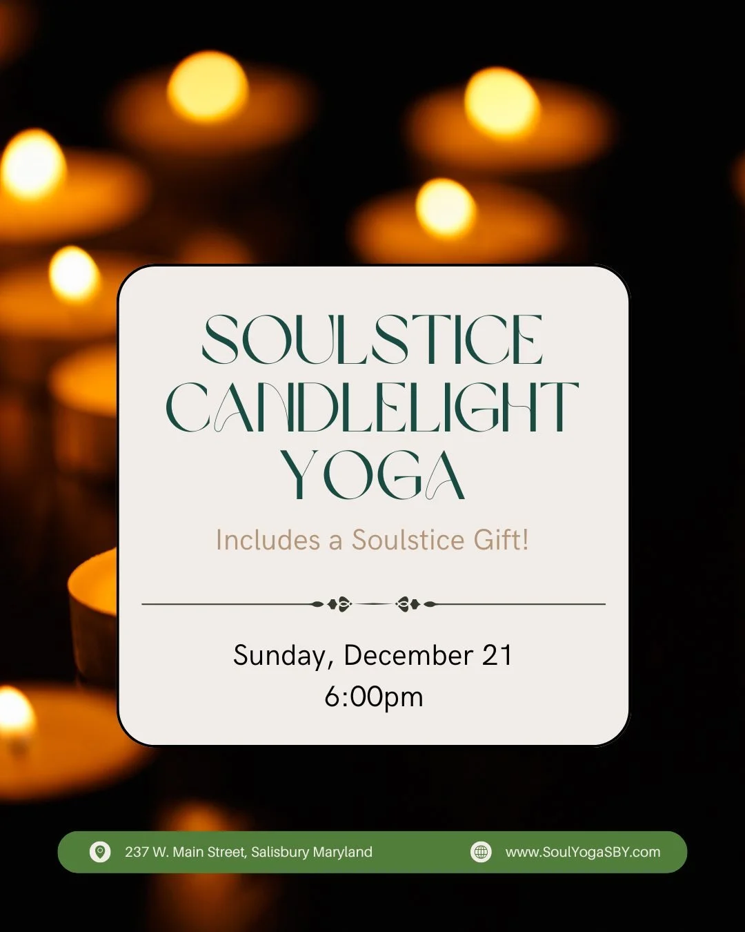 🕯✨ SOULSTICE CANDLELIGHT YOGA ✨🕯
Thursday, December 21 &bull; 6PM

The darkest night of the year deserves the warmest glow. 🖤

Join us for a deeply grounding candlelit practice as we welcome winter, soften the edges, and turn inward together.

And