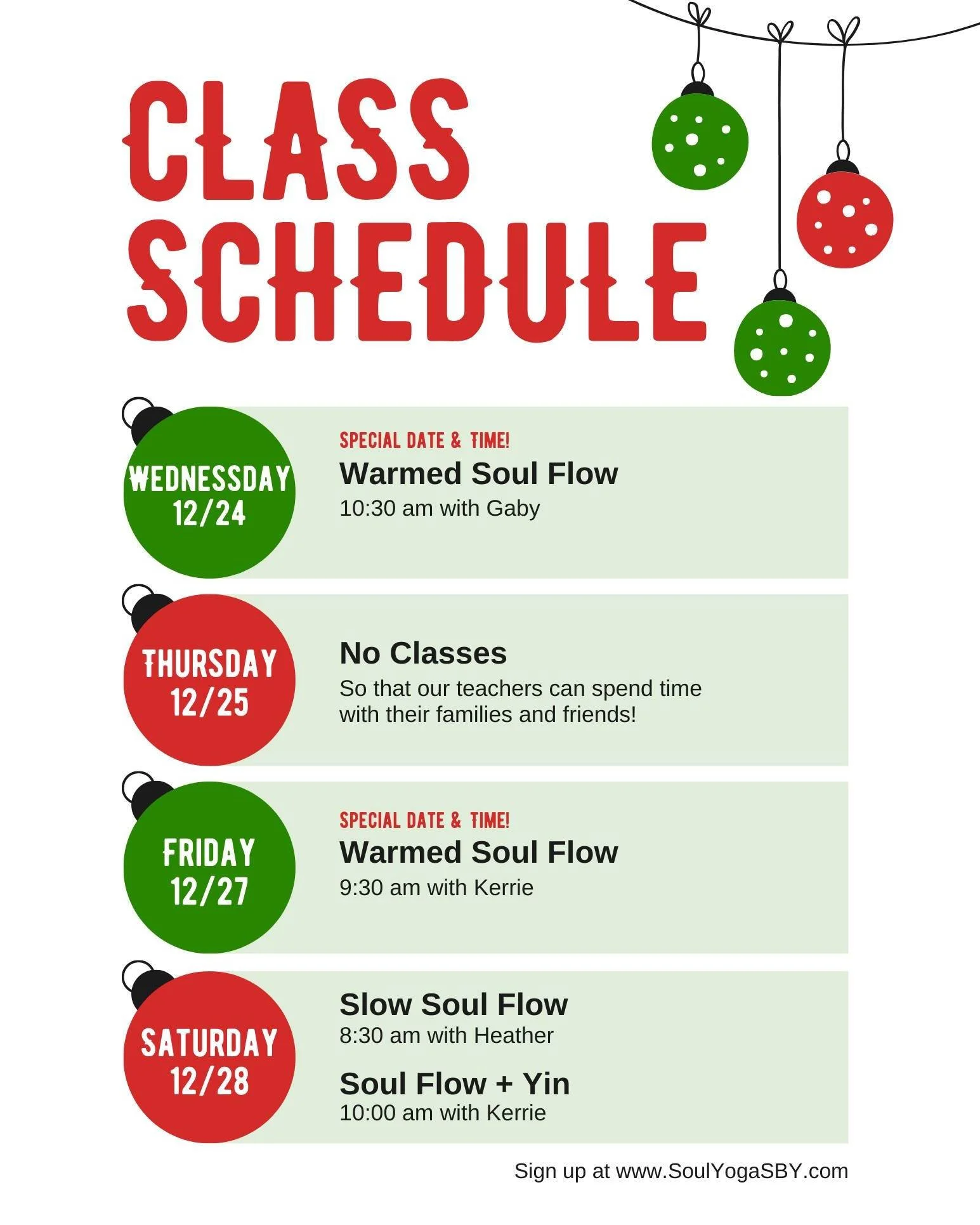 🎄✨ HOLIDAY SCHEDULE CHECK ✨🎄

The holidays are almost here, and our schedule is shifting a bit to support rest, family time, and your practice. 🧘&zwj;♀️💫

🕰️ Some class times are different
☀️ We&rsquo;ve added a few daytime classes to help you m