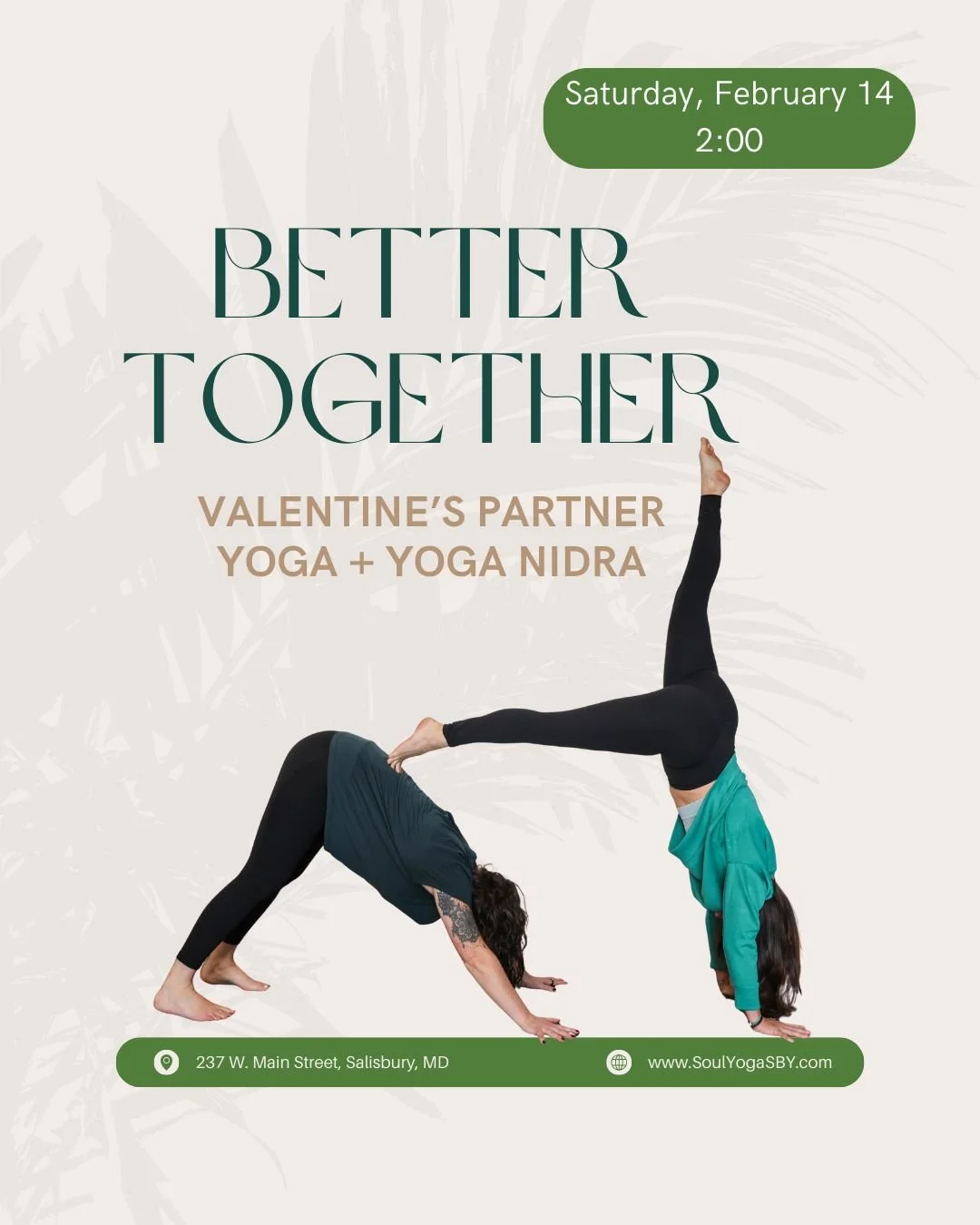 BETTER TOGETHER 💕

Grab your bestie, your partner, your situationship, or your favorite human and come play on the mat with us.

This 75-minute Valentine&rsquo;s Day class includes:
✨ 60 minutes of fun, accessible partner yoga
✨ 15 minutes of deeply