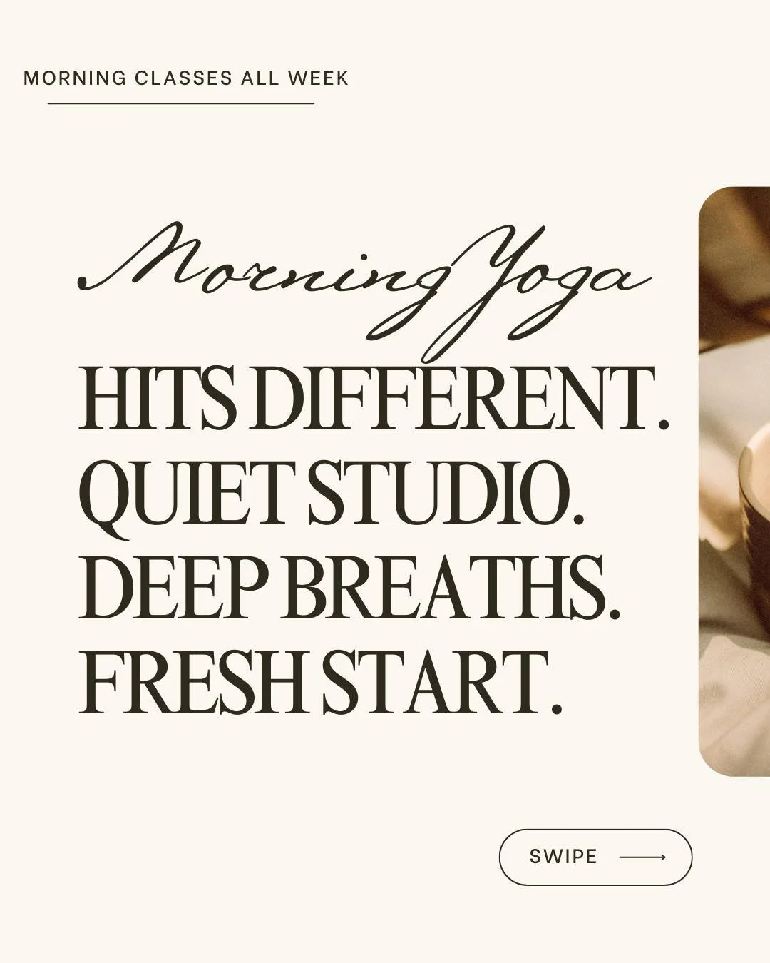 Morning classes have their own kind of magic.

The studio is quiet.
The light is softer.
And you get to begin your day with intention instead of rushing into it.

Join us for morning practice at Soul Yoga:

☀️ Mondays 9:30am &mdash; Soul Flow + Yin w