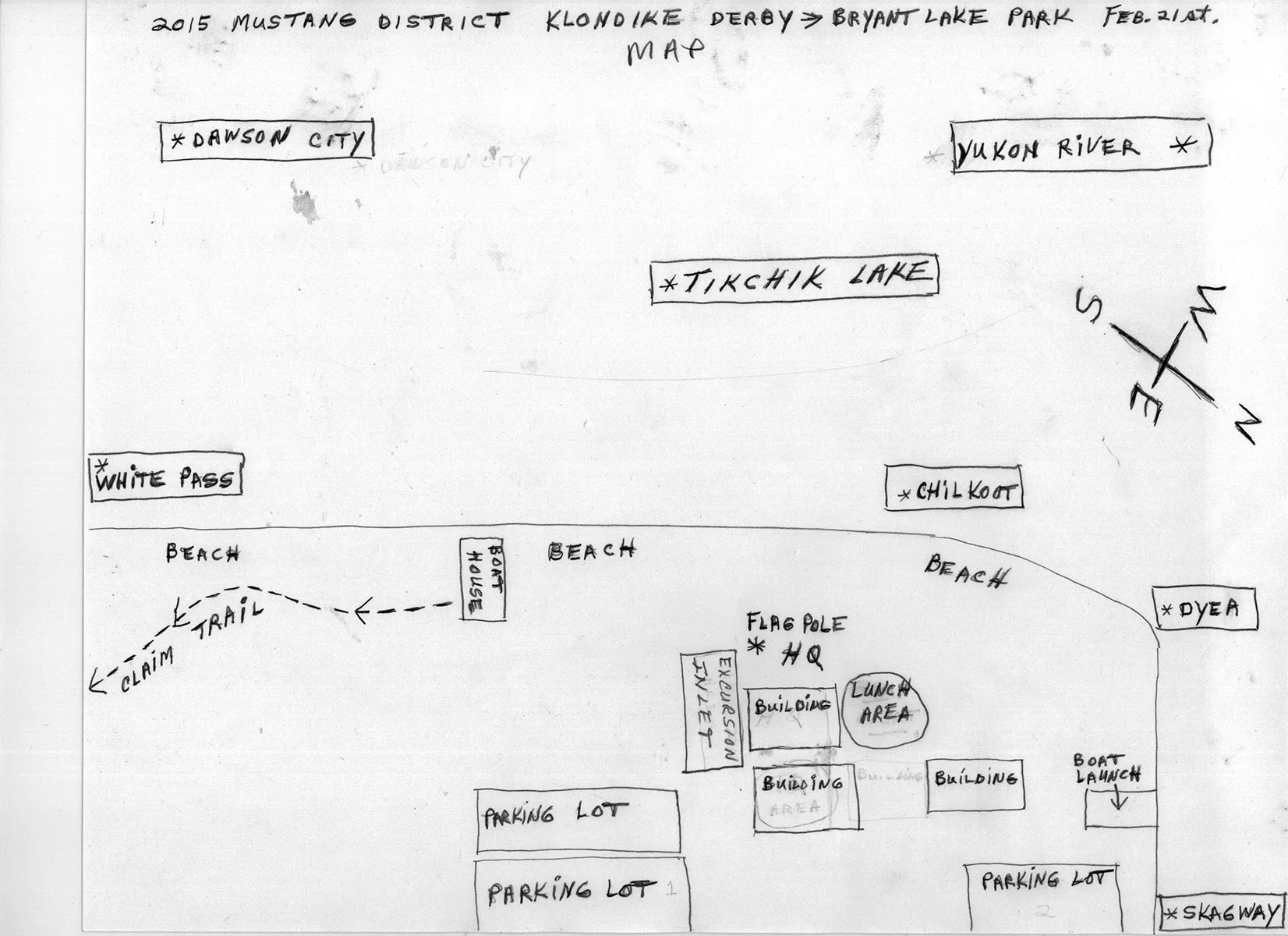 Map showing the 'territories' (locations) for scout activities at Bryant Lake Park.