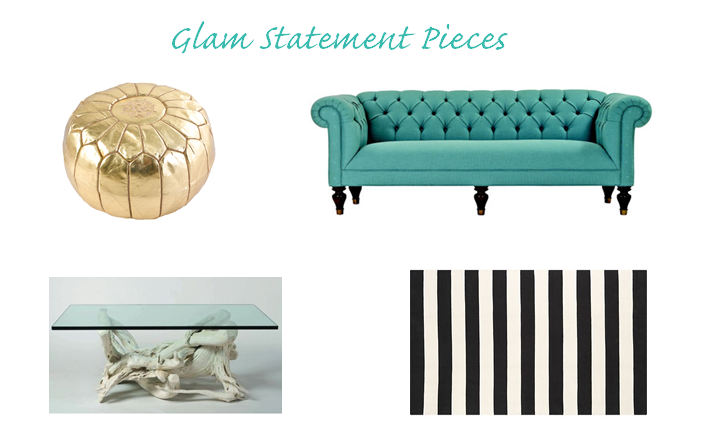 GOLD POUF // TUFTED SOFA // COFFEE TABLE // AREA RUG