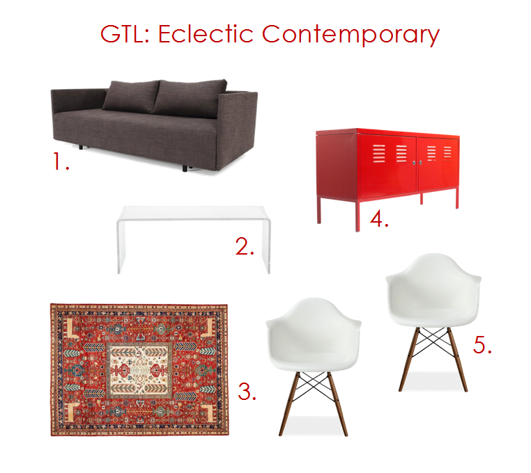 1. Pyx Sleek Sofa // 2. Peekaboo Clear Coffee Table // 3. Adina Collection Oriental Rug // 4. IKEA PS Red Cabinet // 5. Eames Armchair