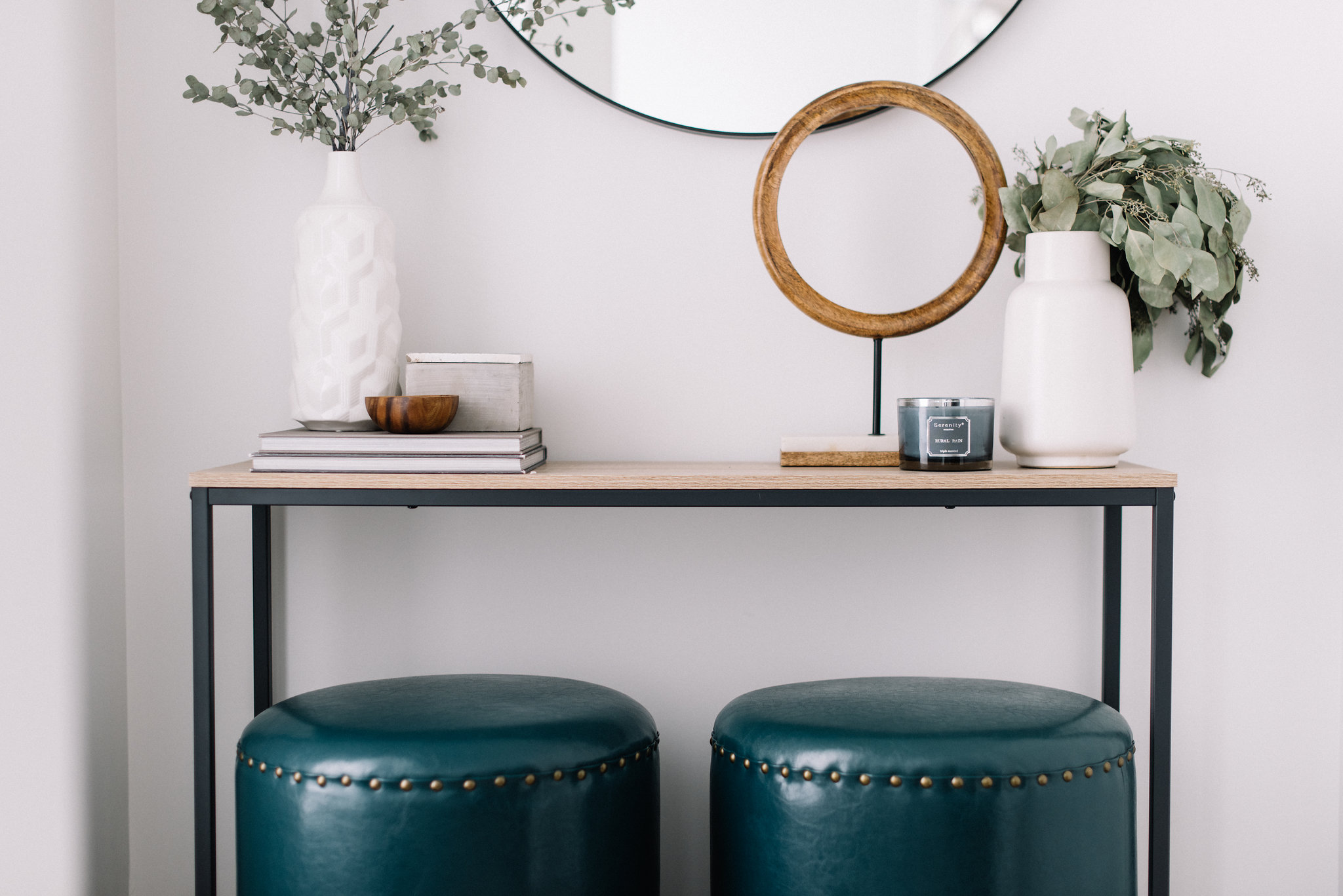 front entry table with ottomans