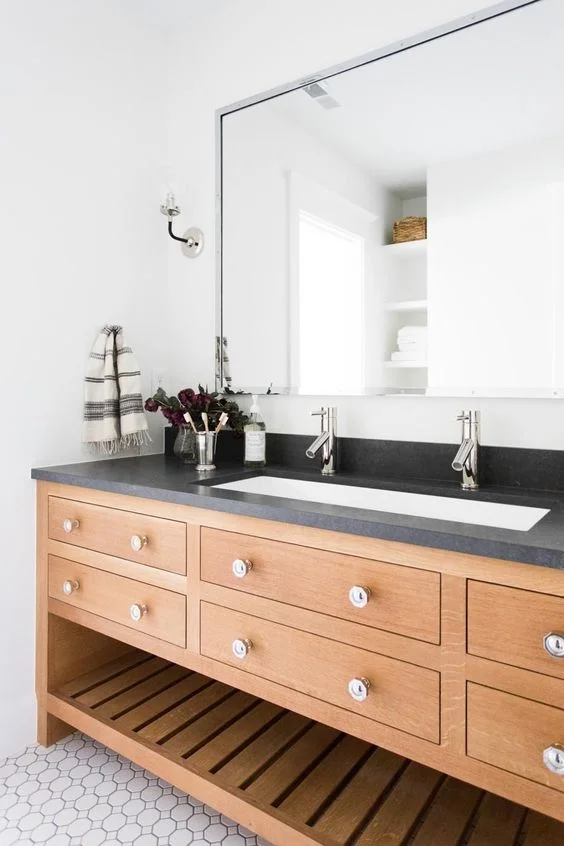 studio mcgee bathroom, wood vanity with dark countertops
