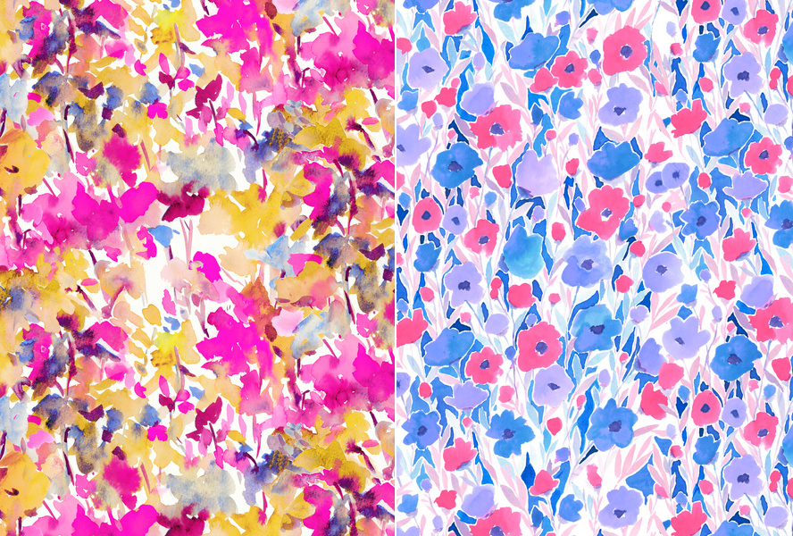 " Local Color Yellow Pink " & "Flower Field Lilac Blue" by Jacqueline Maldonado
