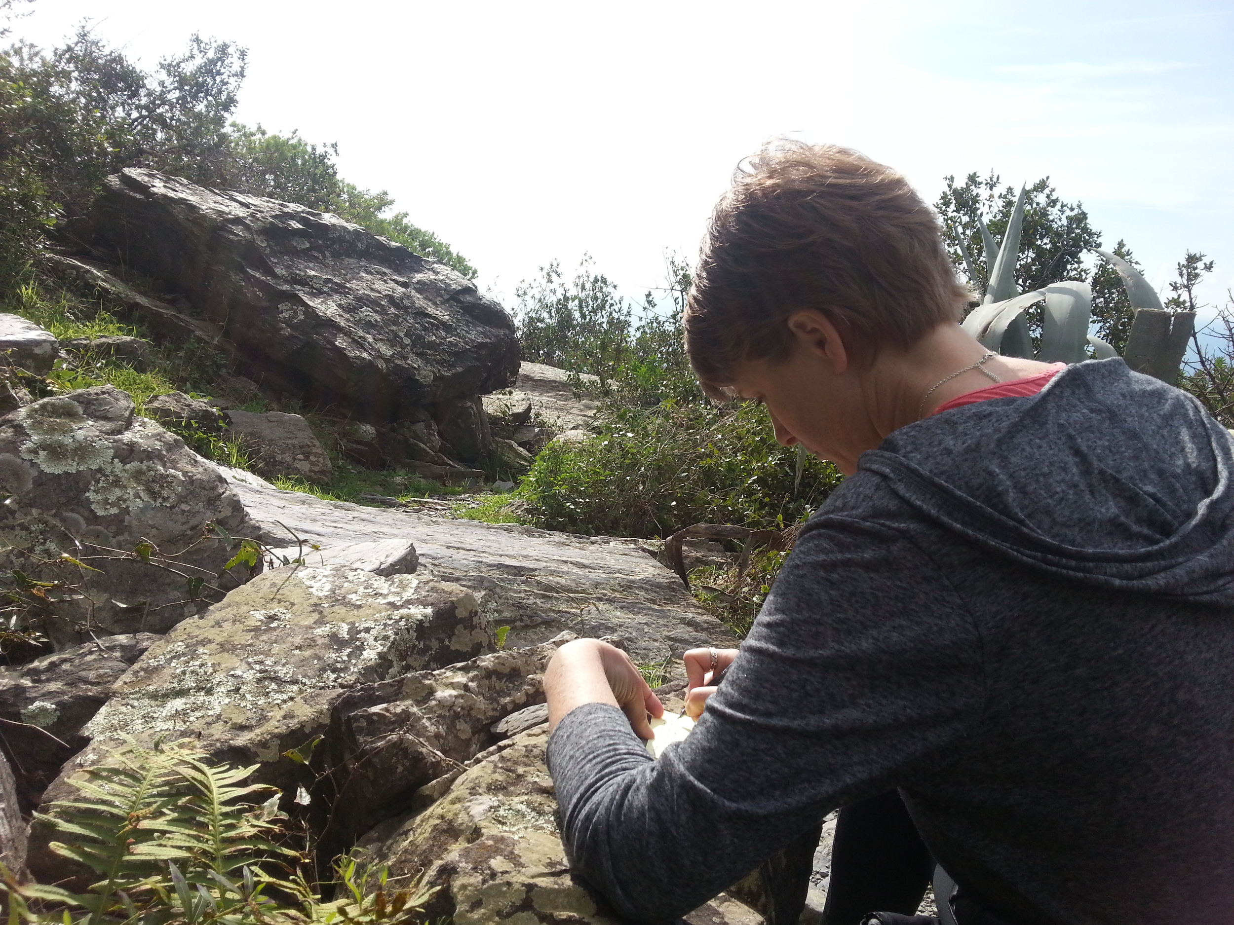 (This is me, on the trail in Cinque Terre, Italy, last February, writing a note card about volcano tears that ended up in As Soon As I Fell .)