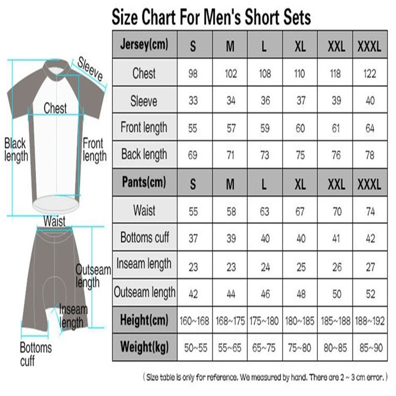 Sizing chart for Total Performance Centre Custom cycling clothing. Sizing runs similar to most European style clothing. 