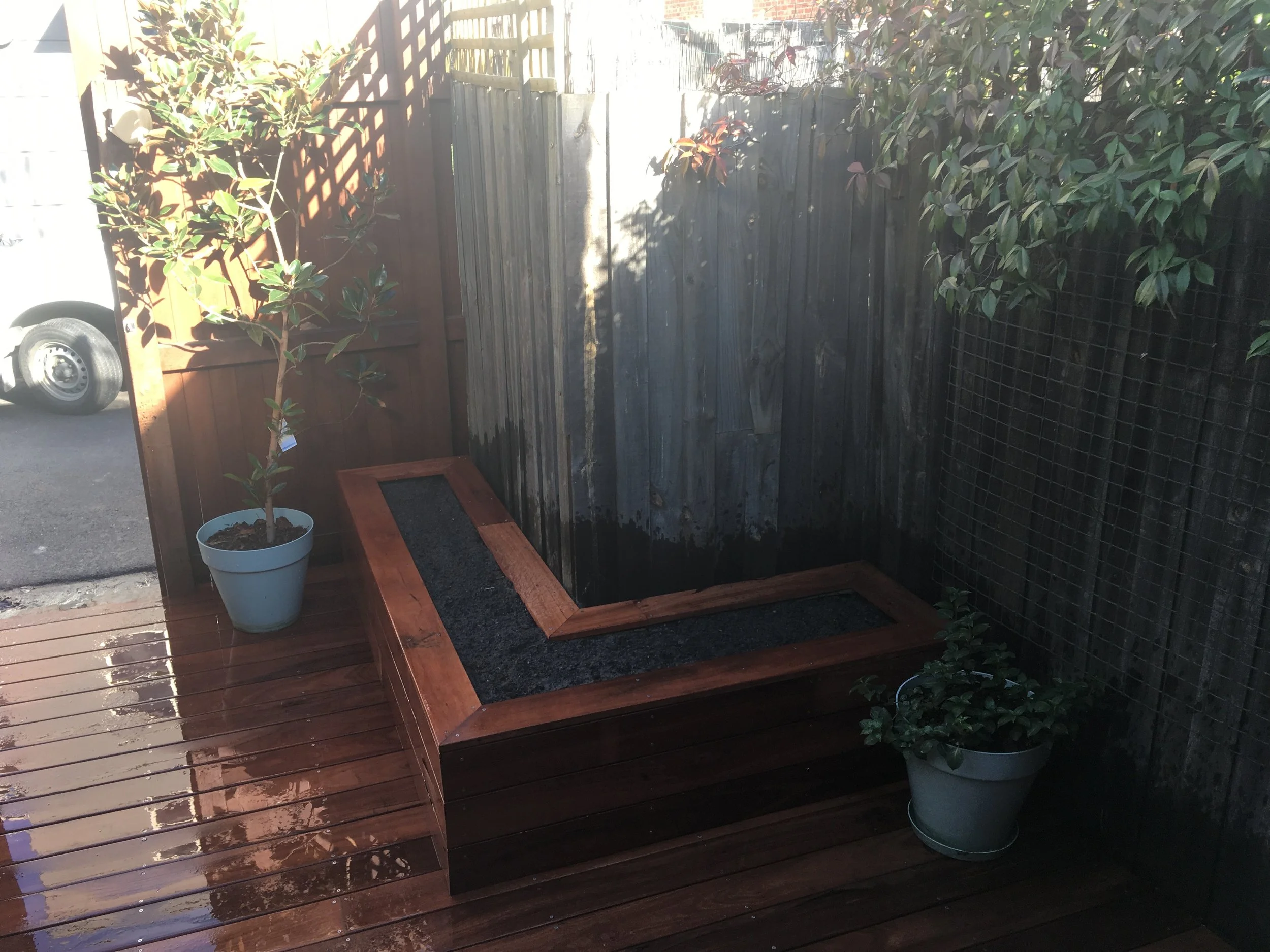 Carlton Courtyard. Jarrah Decking. Raised Vegetable Garden.